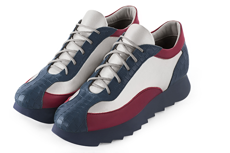 Denim blue, light silver and burgundy red women's three-tone elegant sneakers. Round toe. Low rubber soles. Front view - Florence KOOIJMAN